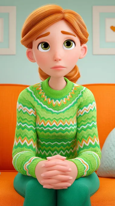 Close-up shot, frontal perspective, woman, wearing a green sweater, with orange hair, sitting on the sofa, crying, room.A cute Disney-style cartoon depicting ,rendered in the style of Pixar animation. The image features a colorful,The scene is presented in a high-resolution, 3D rendering with a full-body shot.    etg4osd