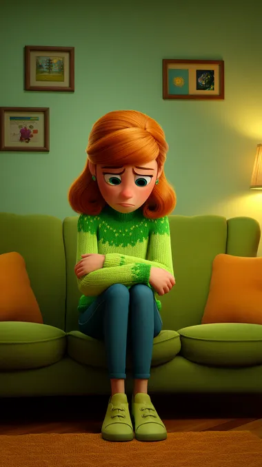 Close-up shot, frontal perspective, woman, wearing a green sweater, with orange hair, sitting on the sofa, crying, room.A cute Disney-style cartoon depicting ,rendered in the style of Pixar animation. The image features a colorful,The scene is presented in a high-resolution, 3D rendering with a full-body shot.    etg4osd