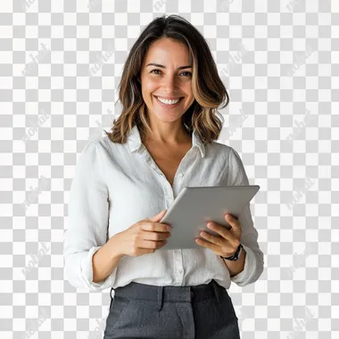 woman with Brazilian features aged 40 with an iPad in his hand, light smile white shirt and dark gray pants studio photo white background