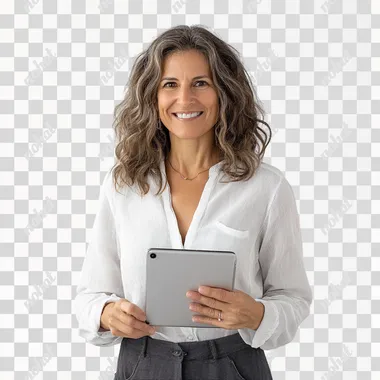woman with Brazilian features aged 40 with an iPad in his hand, light smile white shirt and dark gray pants studio photo white background