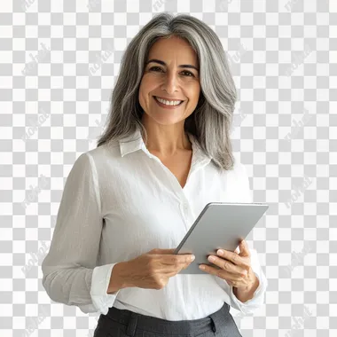 woman with Brazilian features aged 40 with an iPad in his hand, light smile white shirt and dark gray pants studio photo white background