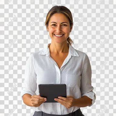woman with Brazilian features aged 40 with an iPad in his hand, light smile white shirt and dark gray pants studio photo white background
