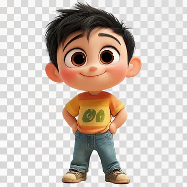 Renderiza un personaje estilo Pixar de un ni?o de 7 a?os. El ni?o debe tener rasgos amigables y expresivos, con grandes ojos y una sonrisa alegre. Viste ropa casual, con una camiseta de colores vivos y jeans. Su cabello es corto y ligeramente desordenado, con un aspecto juguet?n. El personaje est? de pie, en una pose relajada, sobre un fondo completamente blanco, resaltando los detalles de su estilo animado. El estilo de animaci?n es similar a las pel?culas de Pixar, con texturas suaves y colores brillantes."