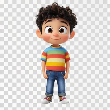 Renderiza un personaje estilo Pixar de un ni?o de 7 a?os. El ni?o debe tener rasgos amigables y expresivos, con grandes ojos y una sonrisa alegre. Viste ropa casual, con una camiseta de colores vivos y jeans. Su cabello es corto y ligeramente desordenado, con un aspecto juguet?n. El personaje est? de pie, en una pose relajada, sobre un fondo completamente blanco, resaltando los detalles de su estilo animado. El estilo de animaci?n es similar a las pel?culas de Pixar, con texturas suaves y colores brillantes."