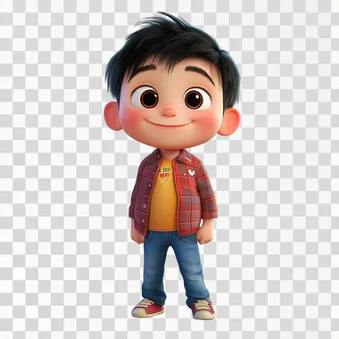 Renderiza un personaje estilo Pixar de un ni?o de 7 a?os. El ni?o debe tener rasgos amigables y expresivos, con grandes ojos y una sonrisa alegre. Viste ropa casual, con una camiseta de colores vivos y jeans. Su cabello es corto y ligeramente desordenado, con un aspecto juguet?n. El personaje est? de pie, en una pose relajada, sobre un fondo completamente blanco, resaltando los detalles de su estilo animado. El estilo de animaci?n es similar a las pel?culas de Pixar, con texturas suaves y colores brillantes."