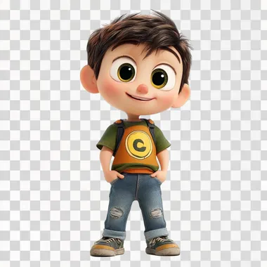 Renderiza un personaje estilo Pixar de un ni?o de 7 a?os. El ni?o debe tener rasgos amigables y expresivos, con grandes ojos y una sonrisa alegre. Viste ropa casual, con una camiseta de colores vivos y jeans. Su cabello es corto y ligeramente desordenado, con un aspecto juguet?n. El personaje est? de pie, en una pose relajada, sobre un fondo completamente blanco, resaltando los detalles de su estilo animado. El estilo de animaci?n es similar a las pel?culas de Pixar, con texturas suaves y colores brillantes."