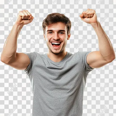 Image of a happy young dynamic man doing a victory pose, white background, 8k resolution, strong and dynamic composition