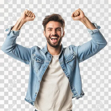 Image of a happy young dynamic man doing a victory pose, white background, 8k resolution, strong and dynamic composition
