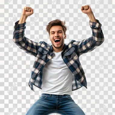 Image of a happy young dynamic man doing a victory pose, white background, 8k resolution, strong and dynamic composition