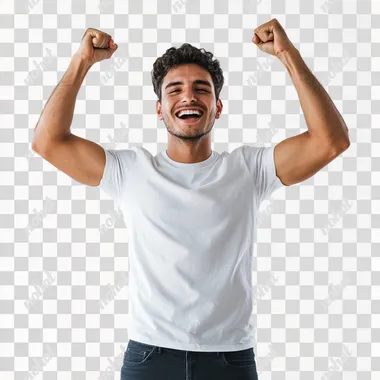 Image of a happy young dynamic man doing a victory pose, white background, 8k resolution, strong and dynamic composition