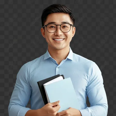 an asian employee 30+ years old working as HR Tech Practitioner holding a files wearing professional clothes and have a bright smile with a plain background