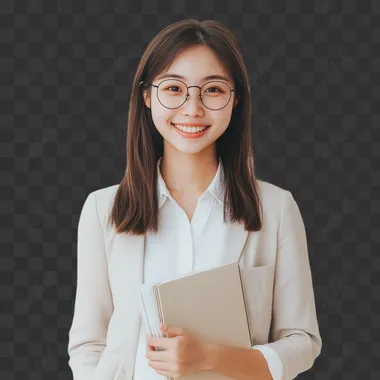 an asian employee 30+ years old working as HR Tech Practitioner holding a files wearing professional clothes and have a bright smile with a plain background