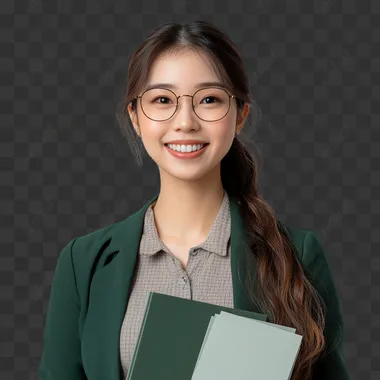 an asian employee 30+ years old working as HR Tech Practitioner holding a files wearing professional clothes and have a bright smile with a plain background
