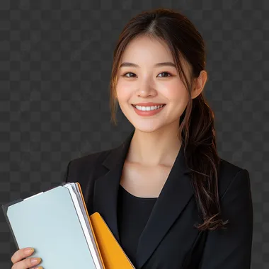 an asian employee 30+ years old working as HR Tech Practitioner holding a files wearing professional clothes and have a bright smile with a plain background