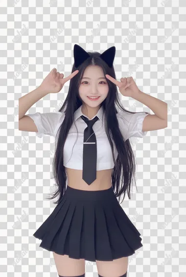 A cute photo of an Asian girl in white short sleeves and a black skirt, wearing cat ears on her head, with her long hair tied back and a tie around her neck. She has a happy expression and is making a V-sign for a victory pose, with a full-body shot. This appears to be a live streaming video of a real person, wearing black stockings.