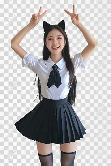 A cute photo of an Asian girl in white short sleeves and a black skirt, wearing cat ears on her head, with her long hair tied back and a tie around her neck. She has a happy expression and is making a V-sign for a victory pose, with a full-body shot. This appears to be a live streaming video of a real person, wearing black stockings.