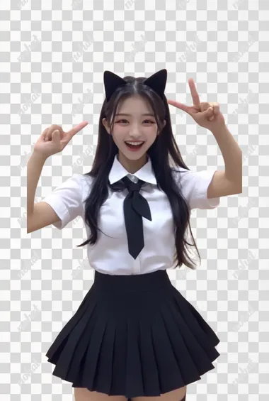A cute photo of an Asian girl in white short sleeves and a black skirt, wearing cat ears on her head, with her long hair tied back and a tie around her neck. She has a happy expression and is making a V-sign for a victory pose, with a full-body shot. This appears to be a live streaming video of a real person, wearing black stockings.