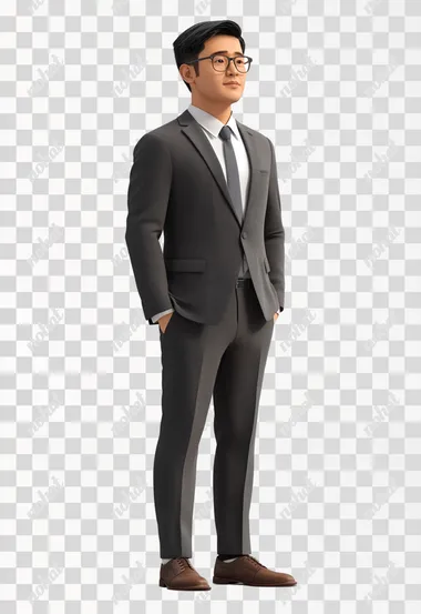 adult asian male in office attire standing semi side view top angle realistic