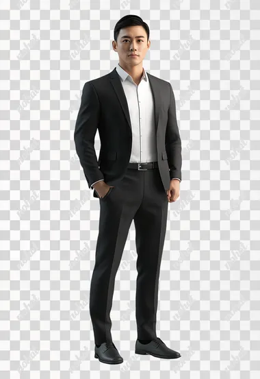 adult asian male in office attire standing semi side view top angle realistic
