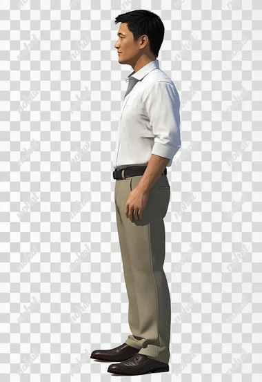adult asian male in office attire standing semi side view top angle realistic
