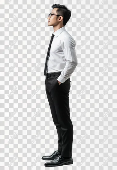adult asian male in office attire standing semi side view top angle realistic