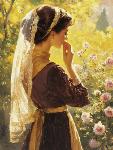 A beautiful woman in a sideways pose, an elegant back view. semi-transparent chiffonflowing gauze strategically draped Wearing a garland and holding a light veil, she gently sniffed the flowers among the rose bushes. In the bright sunshine, the entire garden was dominated by yellow. Titian Painting style workshigh detail, hyper quality,Bright colors,Rich colors