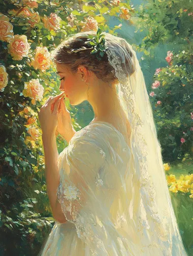 A beautiful woman in a sideways pose, an elegant back view. semi-transparent chiffonflowing gauze strategically draped Wearing a garland and holding a light veil, she gently sniffed the flowers among the rose bushes. In the bright sunshine, the entire garden was dominated by yellow. Titian Painting style workshigh detail, hyper quality,Bright colors,Rich colors