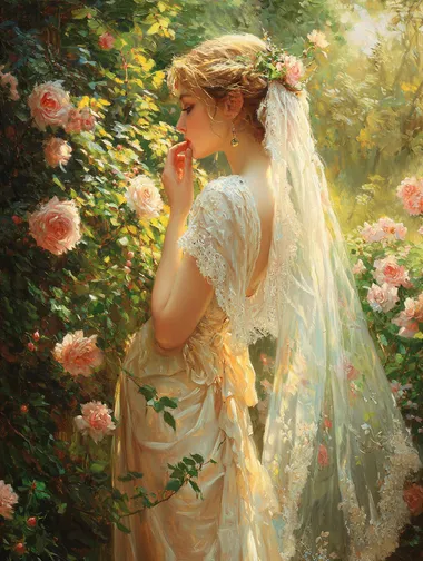 A beautiful woman in a sideways pose, an elegant back view. semi-transparent chiffonflowing gauze strategically draped Wearing a garland and holding a light veil, she gently sniffed the flowers among the rose bushes. In the bright sunshine, the entire garden was dominated by yellow. Titian Painting style workshigh detail, hyper quality,Bright colors,Rich colors