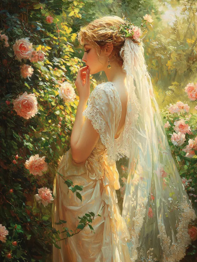 Woman in Wedding Dress Sniffing Flowers in Lush Yellow Garden