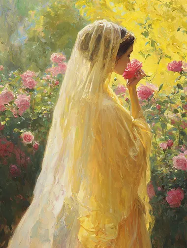 A beautiful woman in a sideways pose, an elegant back view. semi-transparent chiffonflowing gauze strategically draped Wearing a garland and holding a light veil, she gently sniffed the flowers among the rose bushes. In the bright sunshine, the entire garden was dominated by yellow. Titian Painting style workshigh detail, hyper quality,Bright colors,Rich colors