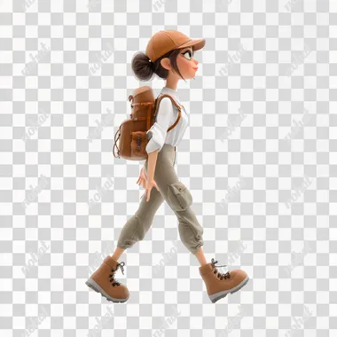 3D teenager 14-15 years old in a white shirt, brown pants and a cap with a backpack walking forward. The character has a smile on her face. On her feet she has hiking boots, isolated on a transparent background