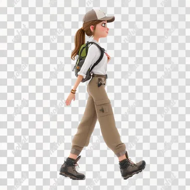 3D teenager 14-15 years old in a white shirt, brown pants and a cap with a backpack walking forward. The character has a smile on her face. On her feet she has hiking boots, isolated on a transparent background