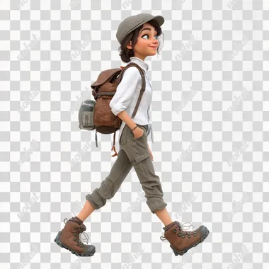 3D teenager 14-15 years old in a white shirt, brown pants and a cap with a backpack walking forward. The character has a smile on her face. On her feet she has hiking boots, isolated on a transparent background
