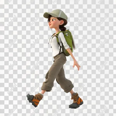 3D teenager 14-15 years old in a white shirt, brown pants and a cap with a backpack walking forward. The character has a smile on her face. On her feet she has hiking boots, isolated on a transparent background