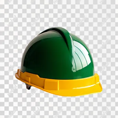 A green and yellow construction helmet placed on a clean, white, light-colored surface. Engineering company.