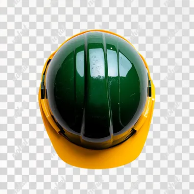 A green and yellow construction helmet placed on a clean, white, light-colored surface. Engineering company.