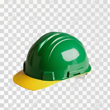 A green and yellow construction helmet placed on a clean, white, light-colored surface. Engineering company.
