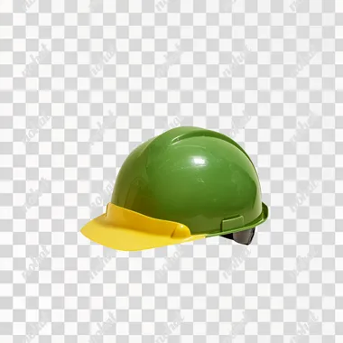A green and yellow construction helmet placed on a clean, white, light-colored surface. Engineering company.