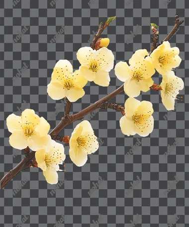 A branch of a yellow apricot blossom tree on a white background