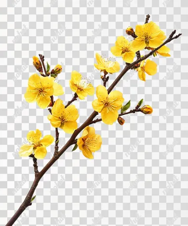 A branch of a yellow apricot blossom tree on a white background