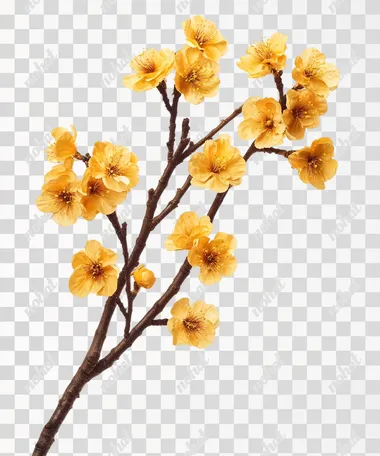 A branch of a yellow apricot blossom tree on a white background