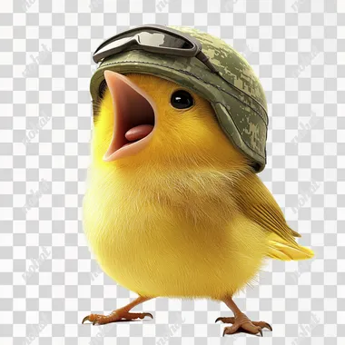 am little yellow bird, yelling, wearing a military helmet, white background