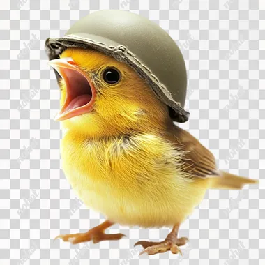 am little yellow bird, yelling, wearing a military helmet, white background