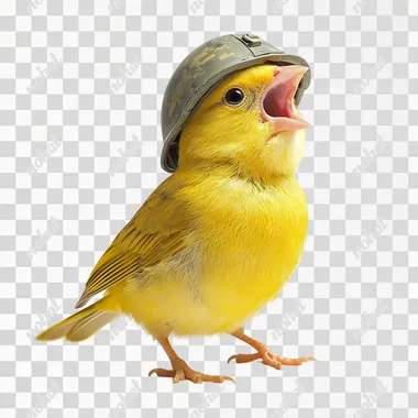 am little yellow bird, yelling, wearing a military helmet, white background