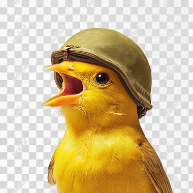am little yellow bird, yelling, wearing a military helmet, white background