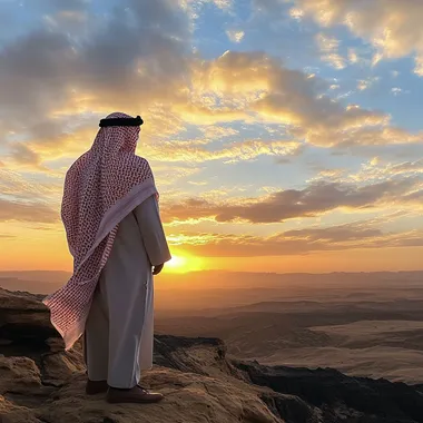 An image of a saudi man gazing at the horizon with a beautiful sunset over the Saudi landscape, reflecting the promise and hope for the future