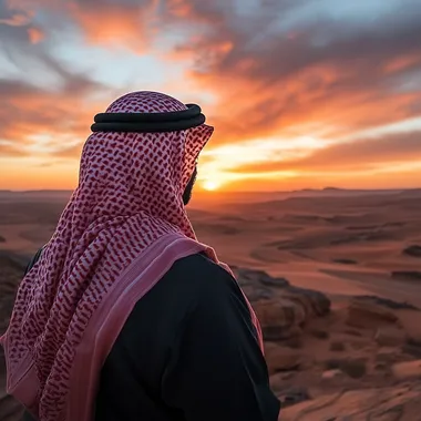 An image of a saudi man gazing at the horizon with a beautiful sunset over the Saudi landscape, reflecting the promise and hope for the future