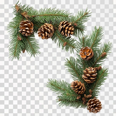 a super realistic flat lay of christmas tree pine branches and pine cones in a L shape so that it fits in a corner. The background is white, and we can see all of the needles and branches (nothing sticks out of the frame). High definition professional photograph --s 250