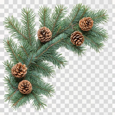 a super realistic flat lay of christmas tree pine branches and pine cones in a L shape so that it fits in a corner. The background is white, and we can see all of the needles and branches (nothing sticks out of the frame). High definition professional photograph --s 250
