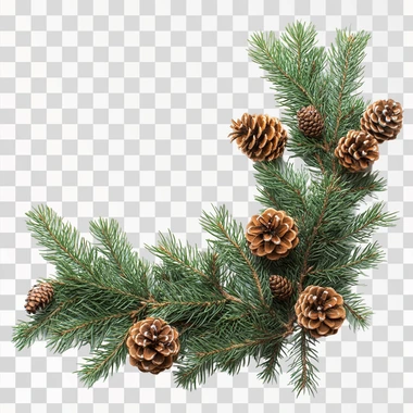 a super realistic flat lay of christmas tree pine branches and pine cones in a L shape so that it fits in a corner. The background is white, and we can see all of the needles and branches (nothing sticks out of the frame). High definition professional photograph --s 250